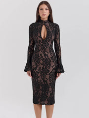 Black Lace Front Slit Long Sleeve Midi Dress Free From Label