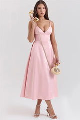 Pink Satin V-neck Strap Midi Dress