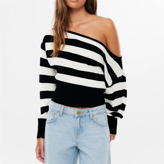 Black Stripe Diagonal Off-Shoulder Crop Knit Top