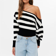 Black Stripe Diagonal Off-Shoulder Crop Knit Top