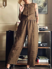 Printed Plaid Sleeveless Vest And Wide Pants Set