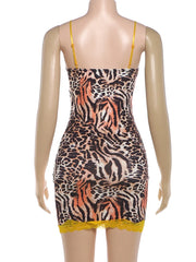 Yellow Lace Patchwork Tiger Pattern Mini Dress