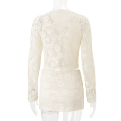 White Lace Sheer Shirt And Mini Skirt Set