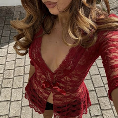 Floral Lace Short-Sleeve See-Through Blouse