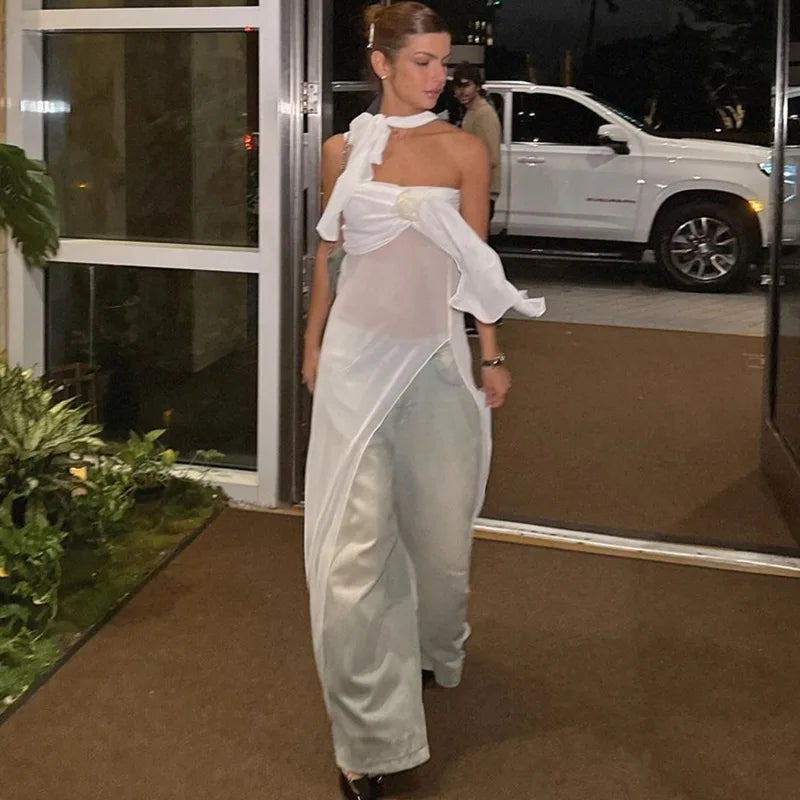 Sheer Mesh White Side Split Open Shoulder Long Dress