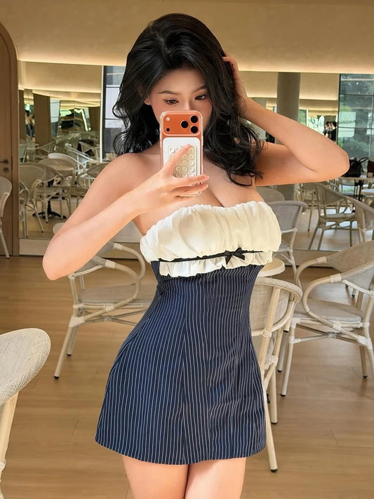 Blue Striped Ruched Bust Strapless Mini Dress