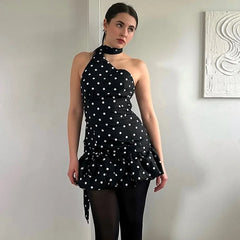 Black Polka Dot Wrap Around Puff Hem Mini Dress