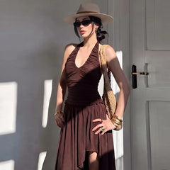 Brown Ruched Halter Midi Dress