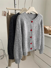 Deep Grey Wool Knitted Heart Buttoned Cardigan