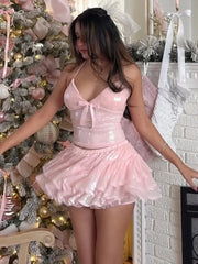 Sequin Bow Crop Top And Ruffles Mini Skirt Set