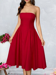 Strapless Solid Flare Red Midi Dress