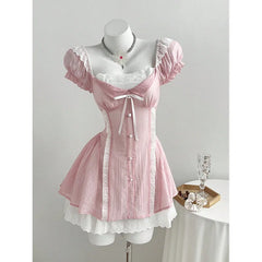 Pink Puff Sleeve Bow Mini Dress