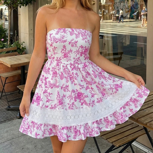 Pink Floral Strapless Smocked Mini Dress