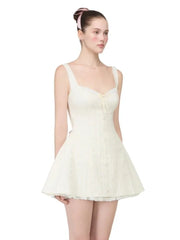 White Floral Printed Back Lace Up A-line Mini Dress