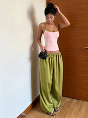Pink Colour-Blocking Cami Top And Green Elastic Waist Pants Set