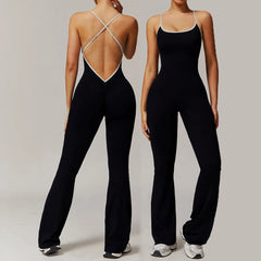 Two black jumpsuits worn by models on a plain background