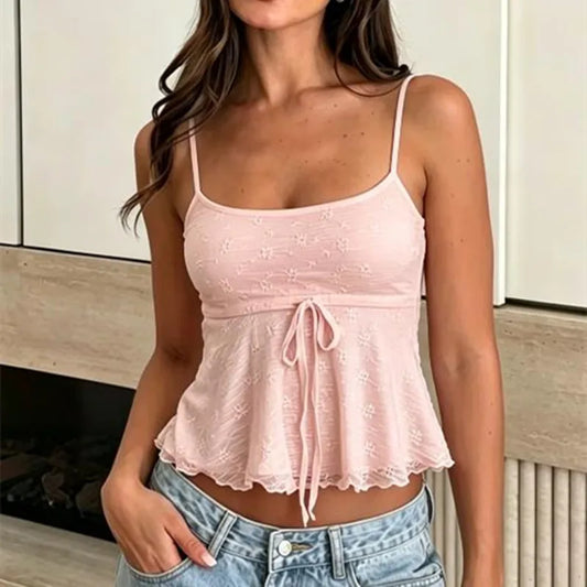 Spaghetti Strap Jacquard Front Tie Top
