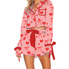 Long Sleeve Bow Print Button Up Top and Shorts Sleepwear Set