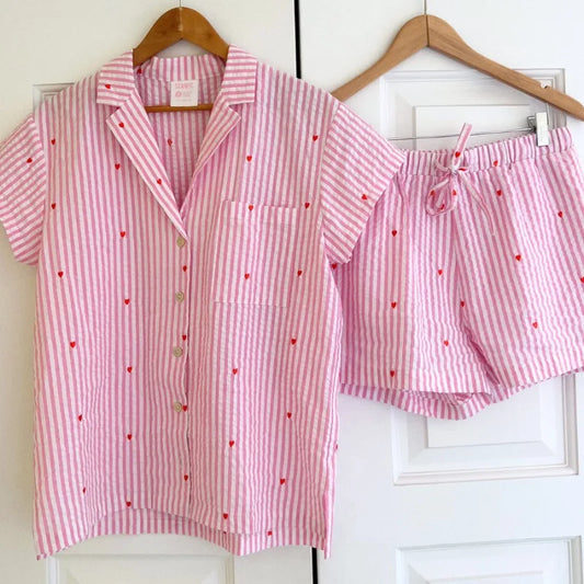 Striped Heart Short Sleeve Top And Shorts Sleepwear Set