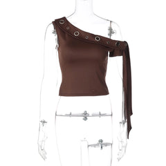 Asymmetrical Ribbon Metal Eyelet One-Shoulder Top
