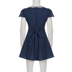 Blue Lace Trim Short Sleeve Mini Dress