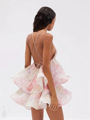 Pink Printed Deep V-Neck Spaghetti Strap Pleated Frill Mini Dress