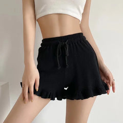 Ribbed Ruffle Trim Drawstring Waffle Shorts