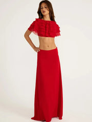 Red Tiered Mesh Crop Top And Maxi Skirt Set