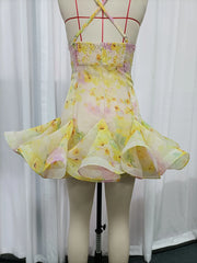 Colorblock Floral Cross Strap Mini Dress