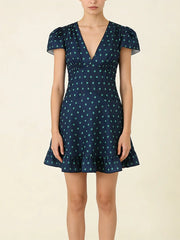 Navy Floral Print V Neck Puff Sleeve Mini Dress
