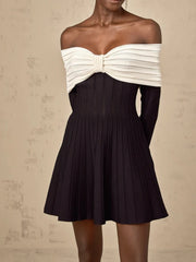 Black Off Shoulder Long Sleeves Bow Design A-line Dress