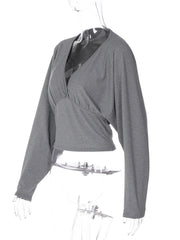 Grey Deep V-neck Batwing Sleeve Crop Top
