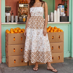 Strappy Tie-Up Smocked Printed Patchwork Maxi Dress