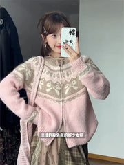 Pink Jacquard Bow Knitted Cardigan Free From Label