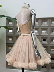 Beige Strapless Tulle Pom Pom Mini Dress