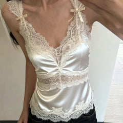 Lace Trim Patchwork Satin Cami Top
