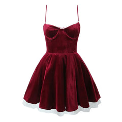 Red Velvet Strap Flare Mini Dress