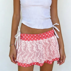 Pink Polka Dot Lace Patchwork Mini Dress