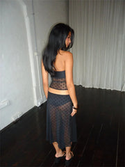Black Mesh Polka Dot Halter Tank Top And Midi Skirt Set