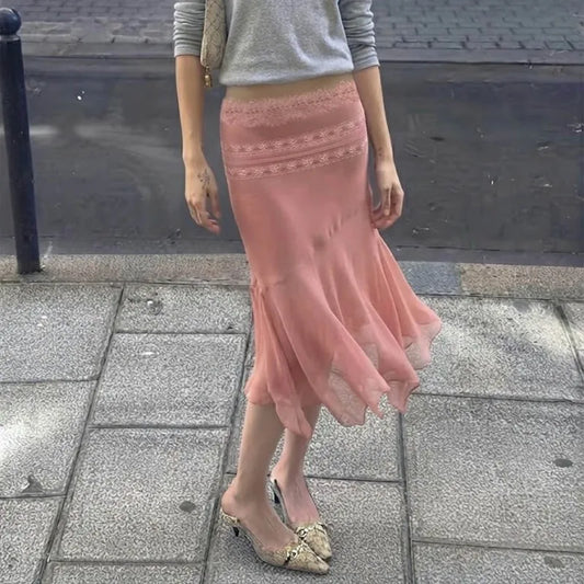 Pink Lace Trim Mesh Hem Midi Skirt
