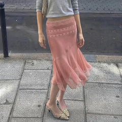 Pink Lace Trim Mesh Hem Midi Skirt