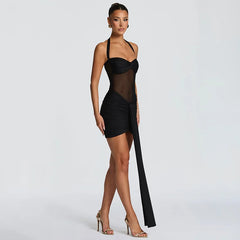 Mesh Patchwork Halter Bandage Wrap Bodycon Mini Dress