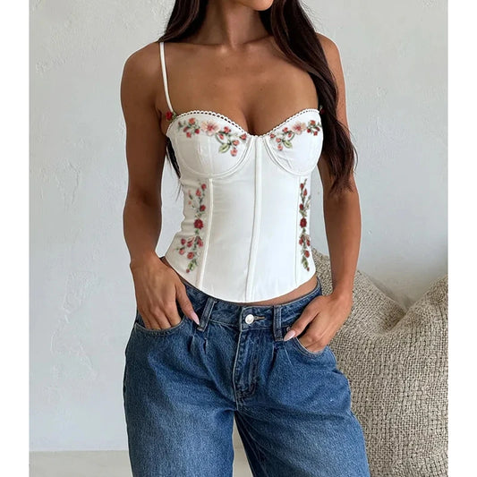 Spaghetti Strap Floral Embroidery Bodycon Top