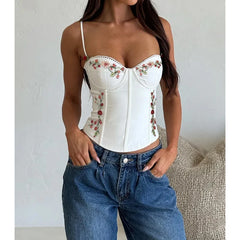 Spaghetti Strap Floral Embroidery Bodycon Top