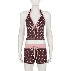 Brown Polka Dot Halter Crop Top And Drawstring Shorts Set