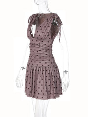Polka Dot Deep Neck Drawstring Mini Dress