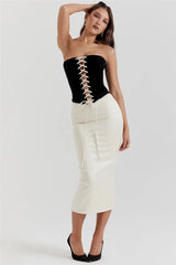 Black Lace Up Tube Top And White Satin Midi Skirt Set - Free From Label