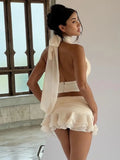 Ruched V-neck Bralette And Frill Mini Skirt Set