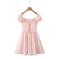 Pink Short Puff Sleeve Corset Style Mini Dress