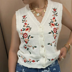 Knit V-Neck Floral Embroidery Vest